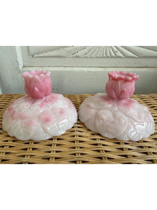 Fenton Other - Vintage 60s Fenton Rosalene Pink Water Lily candle holders